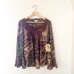 ONE WORLD Bohemian Animal and Paisley Print Blouse